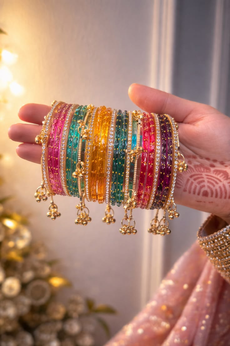 Hand wearing multiple colorful bangles with a blurred decorative background